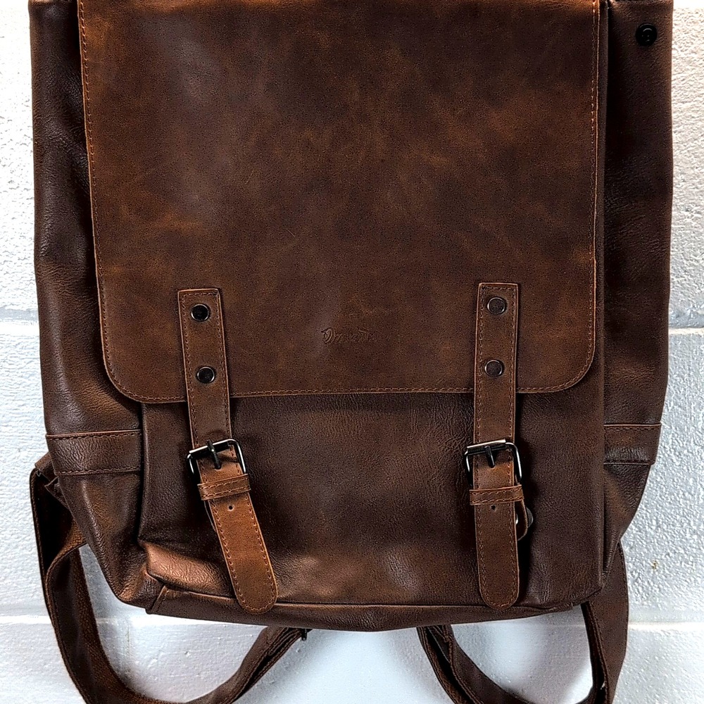 Ozebella Brown Leather 14" Backpack Solid Zipper Closure Adjustable Straps
